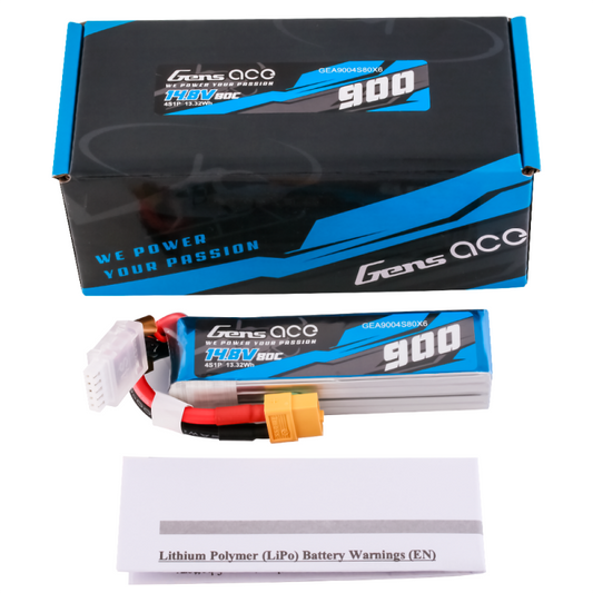 Gens Ace 900mAh 14.8V 80C 4S 1P Lipo Battery Pack with XT60 plug 97x27x21mm 112g