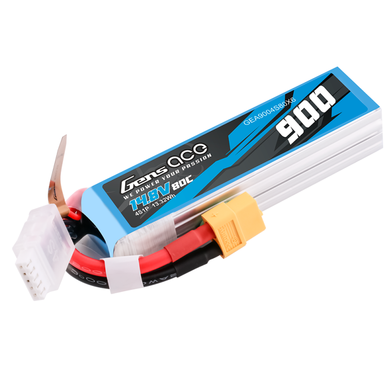 Gens Ace 900mAh 14.8V 80C 4S 1P Lipo Battery Pack with XT60 plug 97x27x21mm 112g