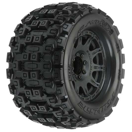 1/8 Badlands MX38 F/R 3.8" MT Tires Mounted 17mm Black Raid (2) by Proline