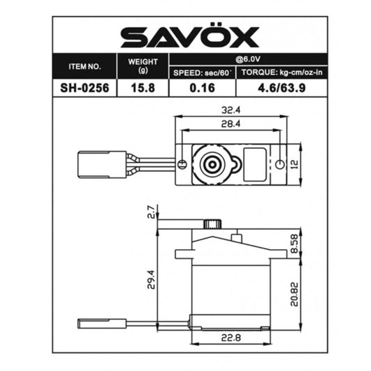 Savox Micro size 4.6kg/cm 0.16sec @ 6v Digital Servo with Soft Start, 15.8g,