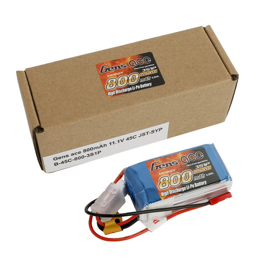 Gens Ace 800mAh, 3S 11.1v Lipo Battery 58x30x23mm, 70g, JST Plug & XH Balance